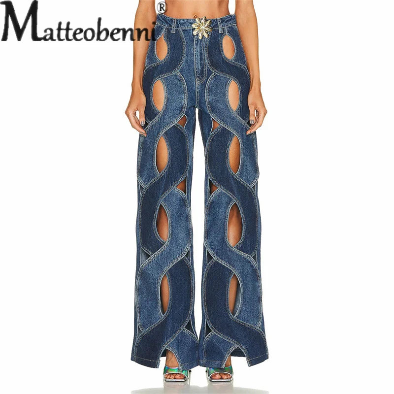 Fashion Hollow Out Curved Stripe Splice Jeans Women Flower Shaped Metal Buttons High Waist Straight Denim Pants Female Trousers