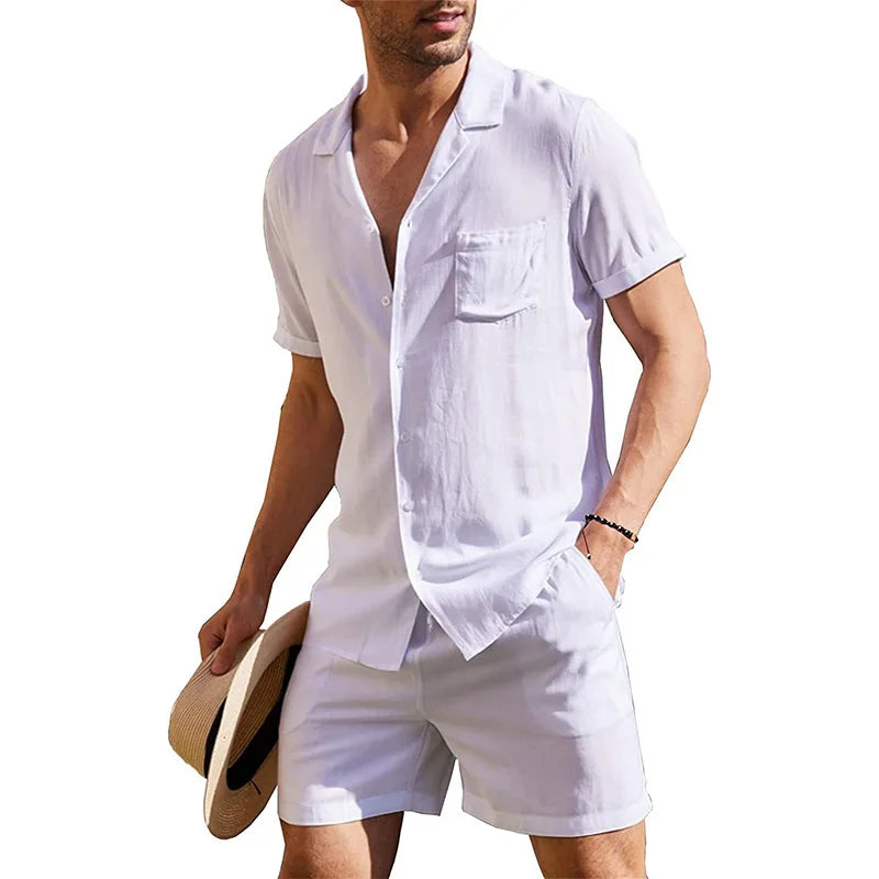 2024 Summer Casual Short-sleeved Linen Shirts Mens Shorts Loose Sweatpants Men Clothes Sweatshirts 2 Pieces Suits Tracksuit 3XL