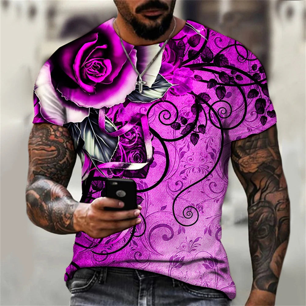 2023 Summer Men T-shirt 3D Graphic Bright Rose Print Vintage T Shirt Men Women Tshirt Casual Short Sleeve O-neck Streetwear