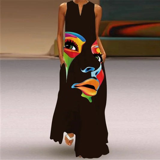 Mask printing Dress Sexy Sleeveless Dress  V-Neck  Casual  Clothing Women