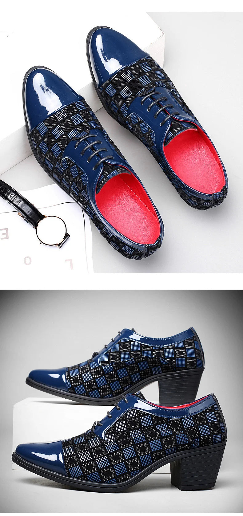 New Fashion Red Plaid Men's Dress Shoes Pointed Leather High Heel Shoes Men Height Increasing Wedding Shoes Men Zapatos Hombre