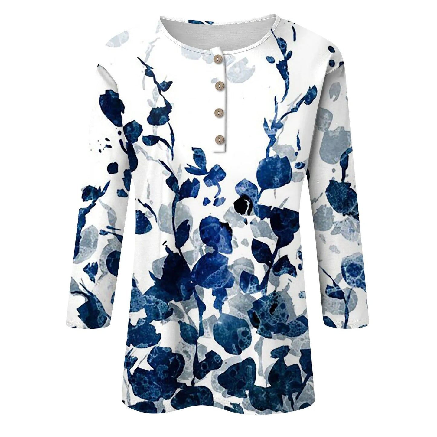 Women's Tops New Button Collar Fashion Print 3/4 Sleeves Retro Print T-Shirt Slim Top Casual Tops