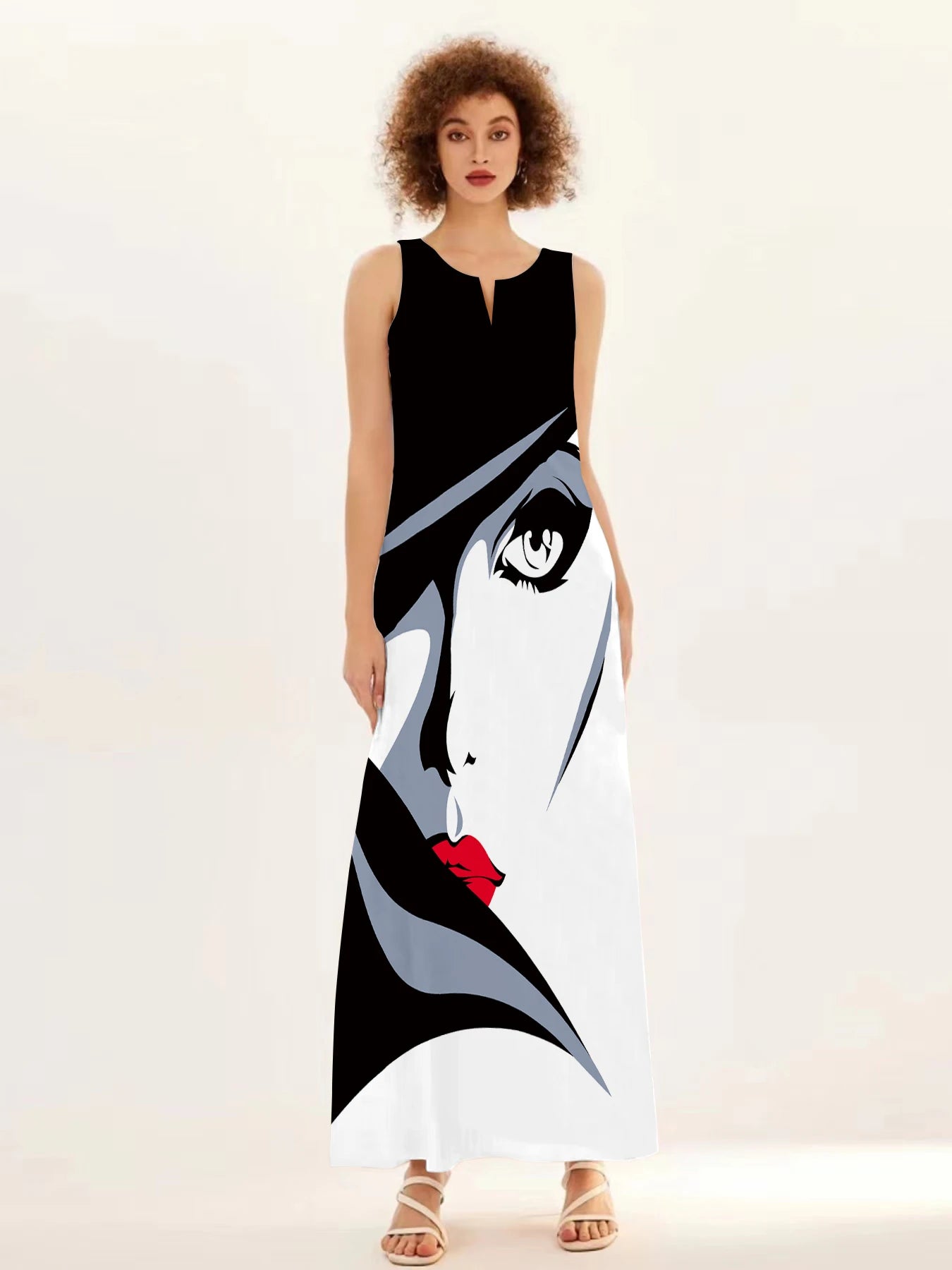 Mask printing Dress Sexy Sleeveless Dress  V-Neck  Casual  Clothing Women