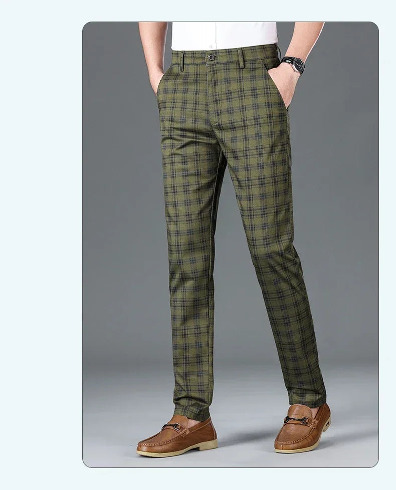 2024 Summer Classic Simple Straight Casual Pants for Men Personalized Checkered Versatile Stretch Business Casual Slim Trousers