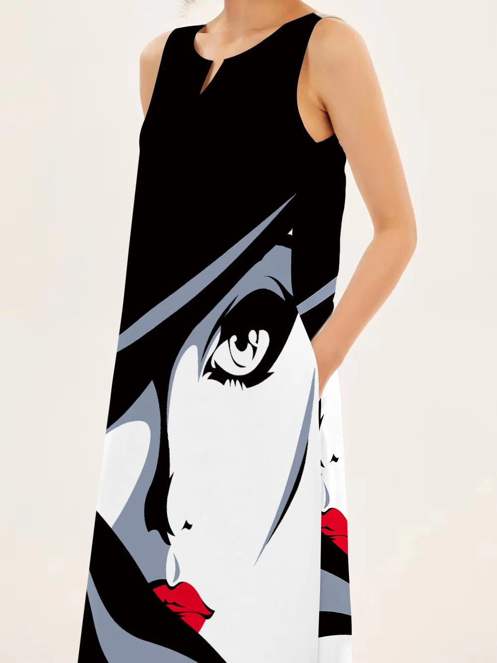 Mask printing Dress Sexy Sleeveless Dress  V-Neck  Casual  Clothing Women