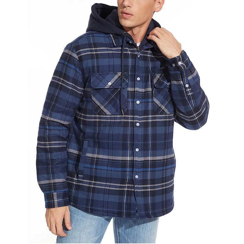 MAGCOMSEN Men's Flannel Shirt Jacket with Removable Hood Plaid Quilted Lined Casual Outerwear Winter Thermal Windbreaker Jackets