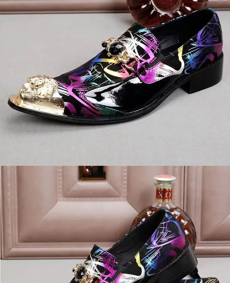 Spring Autumn Pointed end Gold ornaments Shoes and Hats Stamp Cowhide Shoes Rivet Marry Walk Show Nightclub Men's Shoes