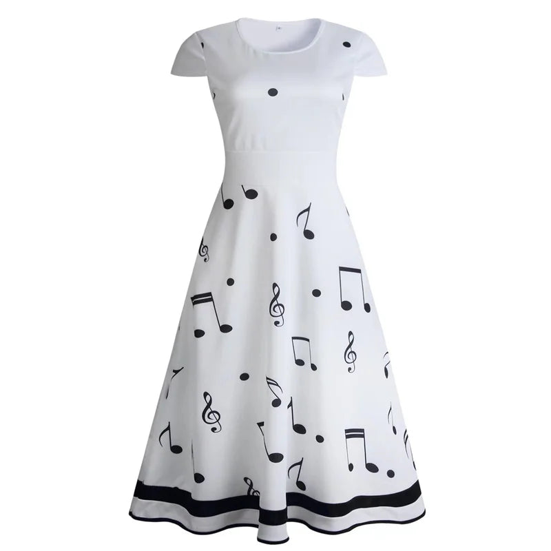 2024 European and American new summer women's large swing skirt music symbol print dress