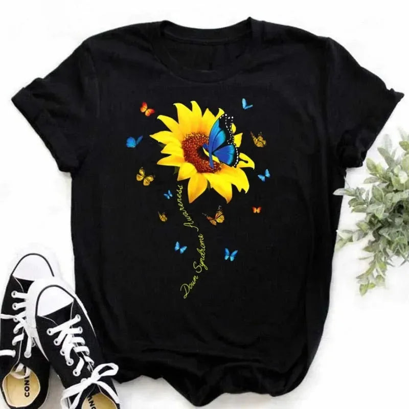 COTTON 100% Casual Cute Sunflower Butterfly Print T-shirt Comfortable Women's Black Top Oversized T Shirt  Graphic Tshirts