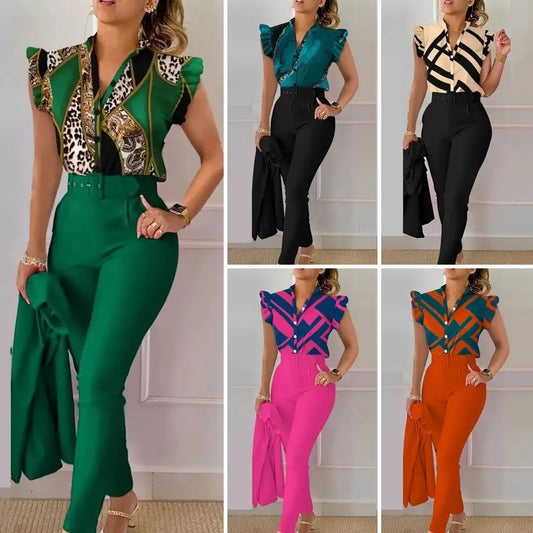 Women Shirt Trousers Set Elegant Women's Office Wear Set with V Neck Top High Waist Pants Belt Chic Color Matching Slim for Work