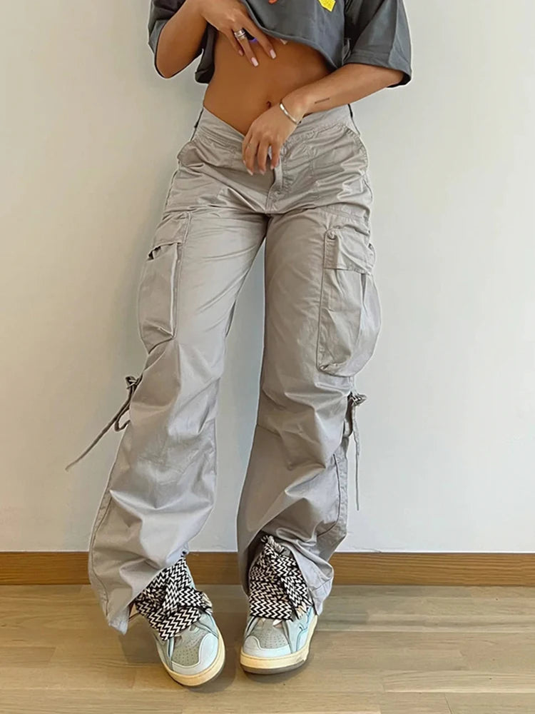 Rockmore Cargos Style Parachute Pants Low Waist Women Joggers Harajuku Pockets Baggy Wide Leg Trousers y2k Streetwear Casual