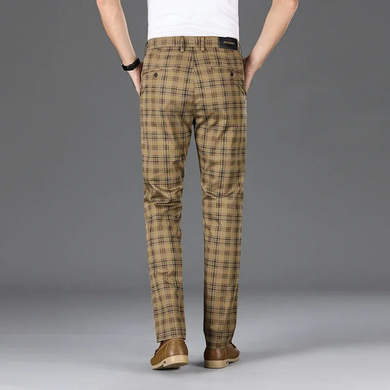 2024 Summer Classic Simple Straight Casual Pants for Men Personalized Checkered Versatile Stretch Business Casual Slim Trousers