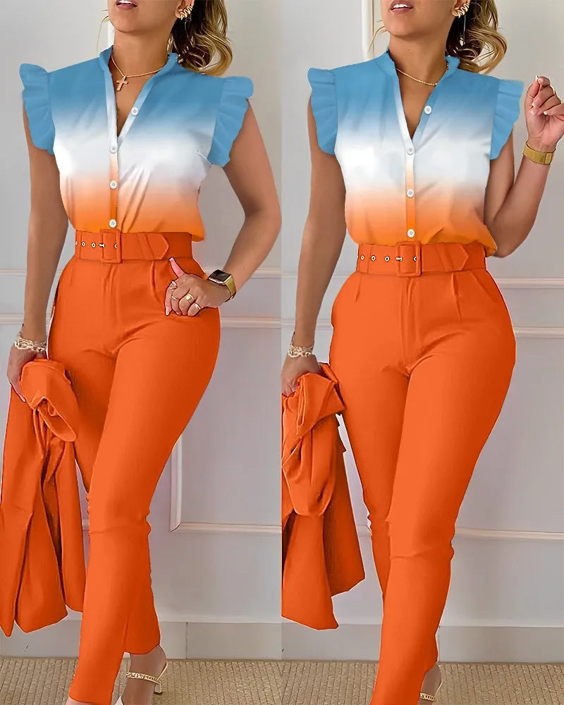 Women Slim Two-Piece Sets Summer Elegant Fashion Print V Neck Button Flying Sleeve Shirt Top & Solid Long Pants Suits With Belt