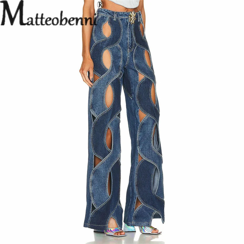 Fashion Hollow Out Curved Stripe Splice Jeans Women Flower Shaped Metal Buttons High Waist Straight Denim Pants Female Trousers