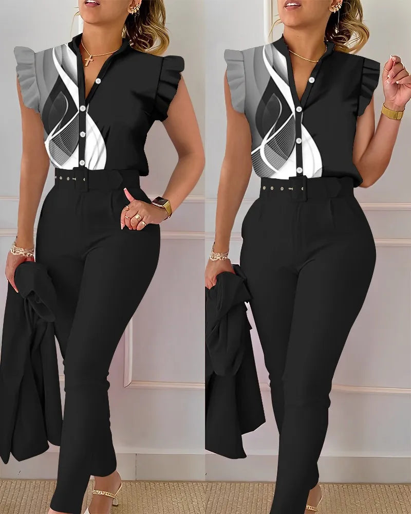 Women Slim Two-Piece Sets Summer Elegant Fashion Print V Neck Button Flying Sleeve Shirt Top & Solid Long Pants Suits With Belt