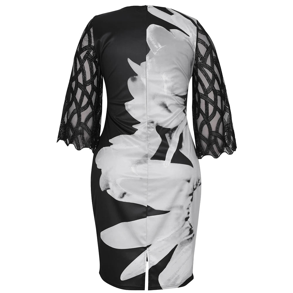 Women's Summer Dress Elegant Floral Print Casual Dress 2022 New Mesh Sleeve Birthday Club Party Dresses 3XL 4XL