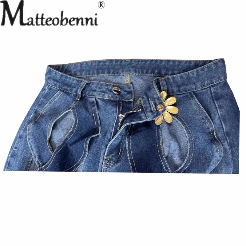 Fashion Hollow Out Curved Stripe Splice Jeans Women Flower Shaped Metal Buttons High Waist Straight Denim Pants Female Trousers