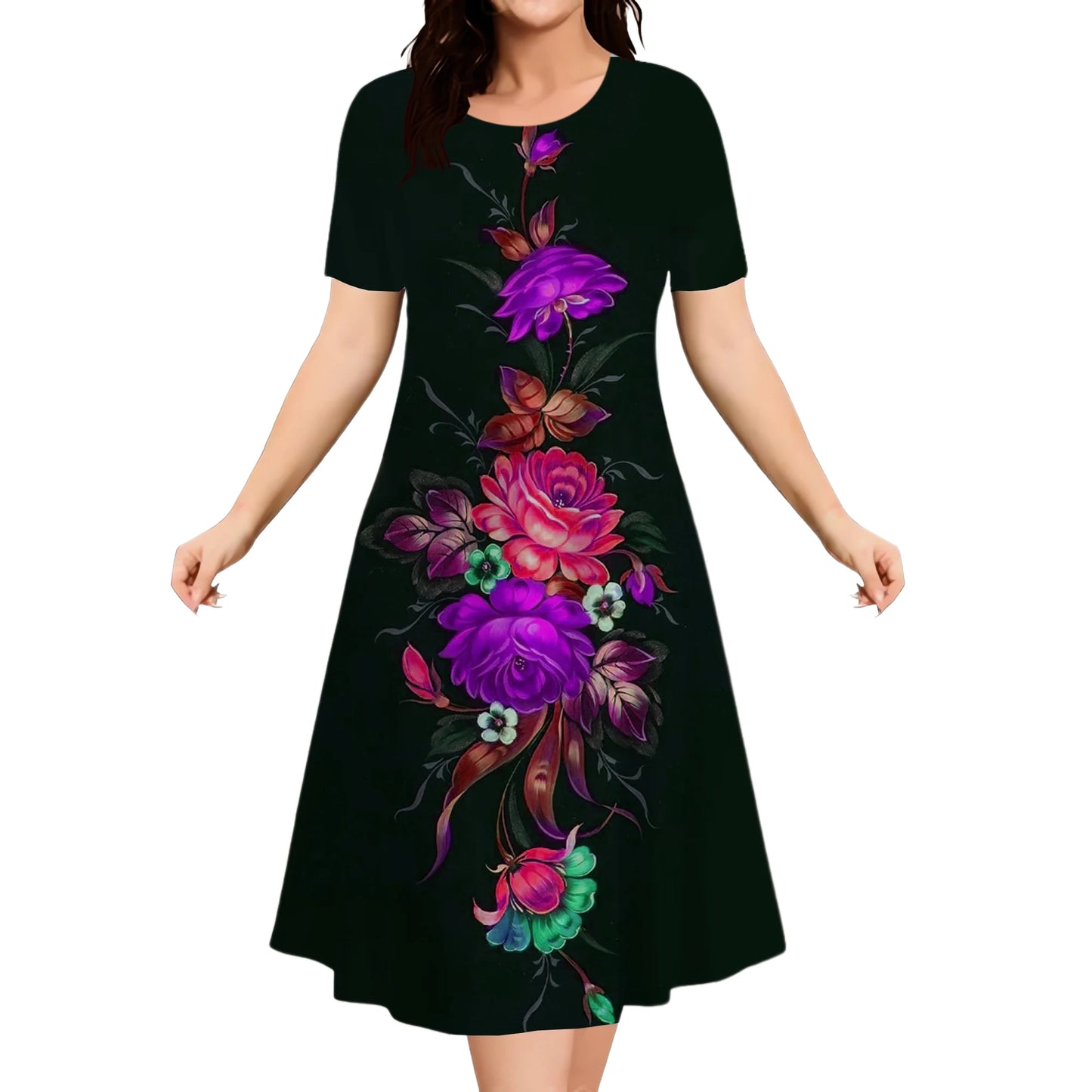 Casual Every Day Wear Flower Print Dress Women Plus Size Short Sleeve Loose Dress Summer Fashion Round Neck Street Elegant Dress