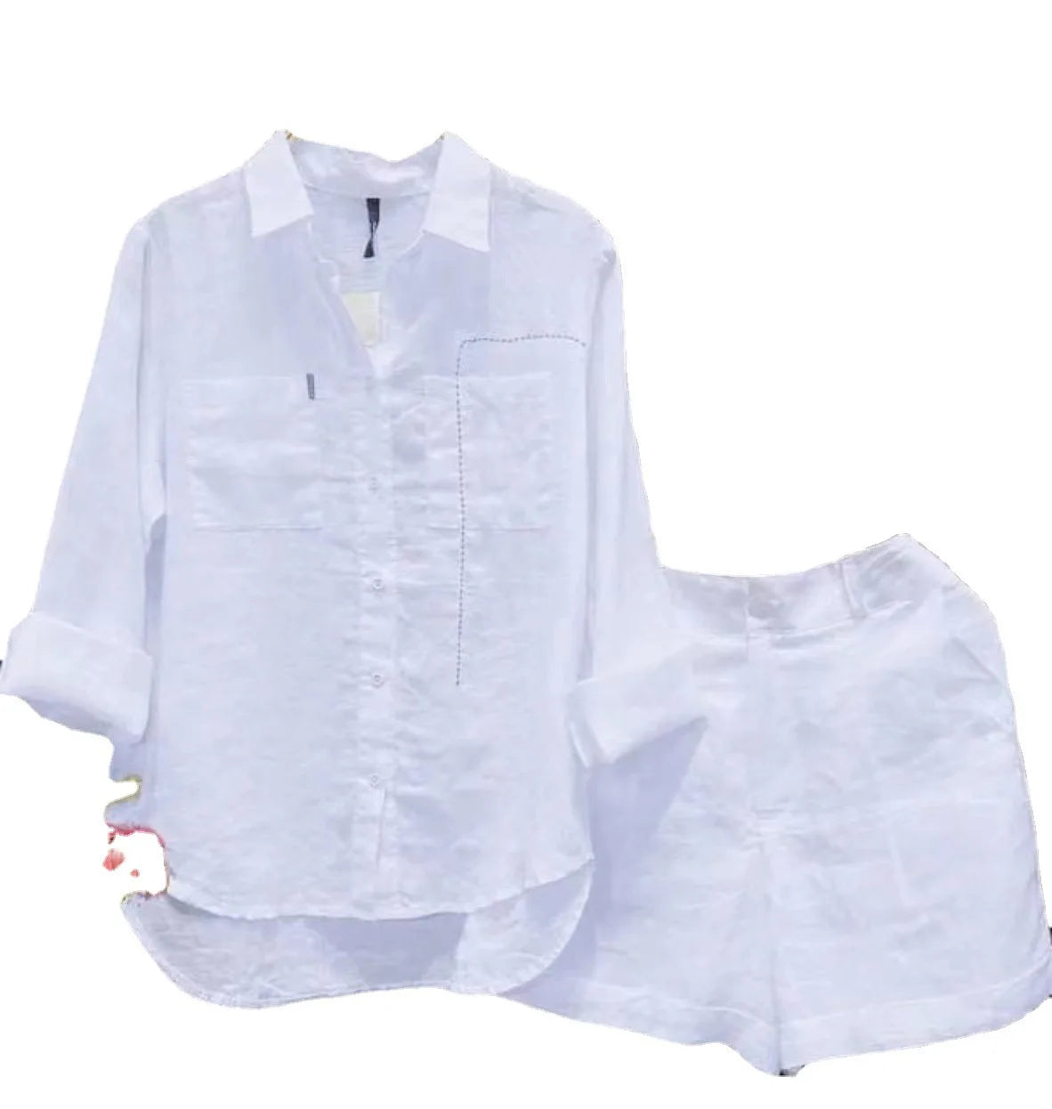 Fashion White Long Sleeve Shirt And Shorts Two Piece Sets Women 2024 Summer Cotton Linen Casual Home 2 Piece Set For Women Suits