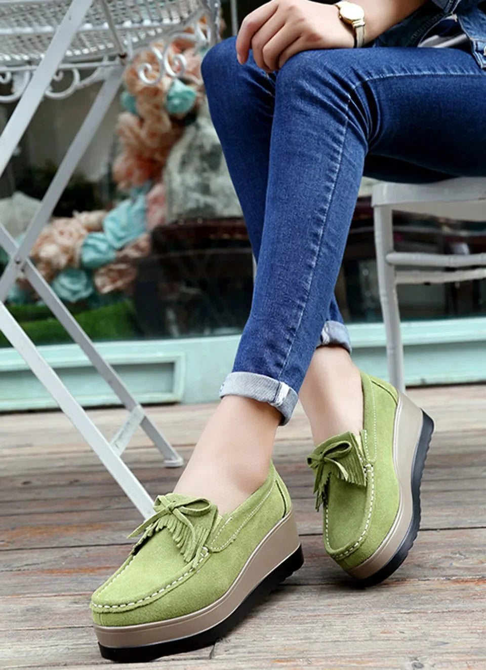 luxury 2024 Spring Autumn Women Suede Genuine Leather Wedge Shoes Lady Female Loafers Sweet Tassel Slip-ons Platform Moccasins