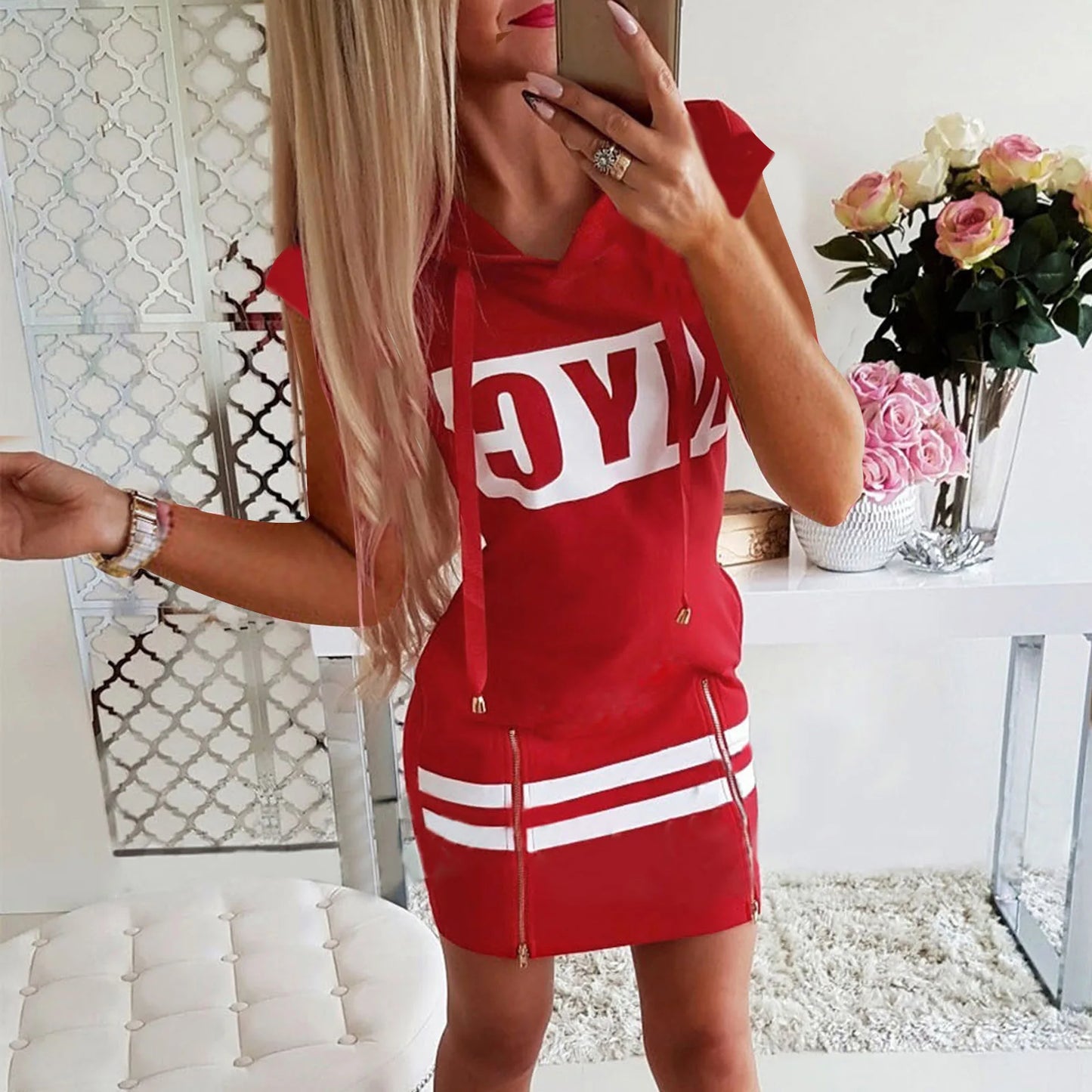 2022 Hooded Women Summer Dress Short Sleeve Letter Print Zipper Bandage Hoodies Lady Casual Sport Bodycon Vestidos Mini Dresses