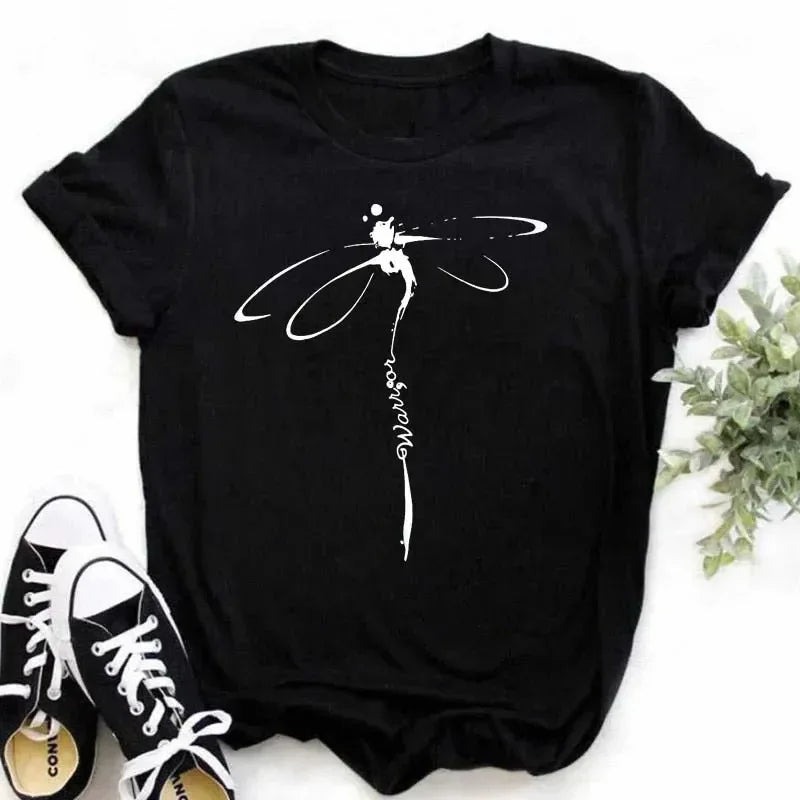 COTTON 100% Casual Cute Sunflower Butterfly Print T-shirt Comfortable Women's Black Top Oversized T Shirt  Graphic Tshirts