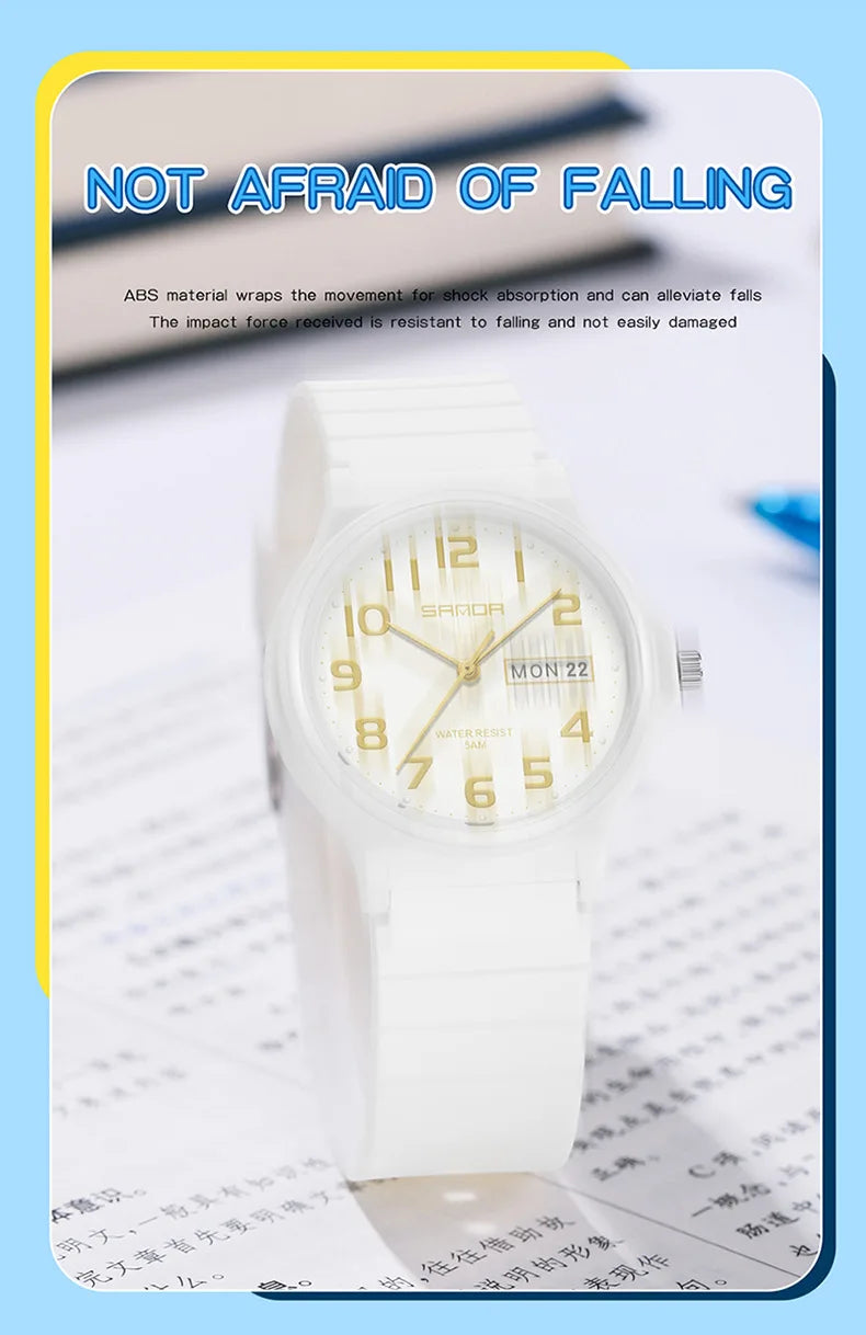 SANDA 9072 White Watches New Design Soft TPU Strap Water Resistant Quartz Movement Outdoor Sports Analog Wrist Watch for Student