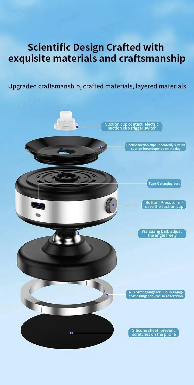 Wireless charge 360°rotatable vacum car holder For iPhone Samsung Xiaomi magnetic car mount vacuum phone holder