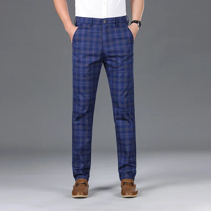 2024 Summer Classic Simple Straight Casual Pants for Men Personalized Checkered Versatile Stretch Business Casual Slim Trousers