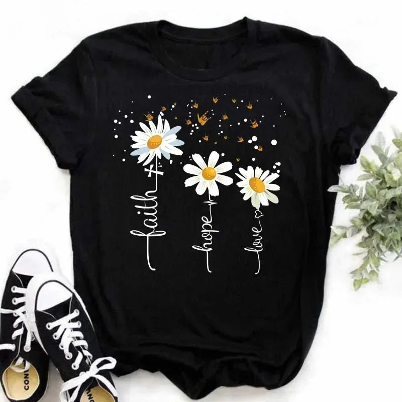 COTTON 100% Casual Cute Sunflower Butterfly Print T-shirt Comfortable Women's Black Top Oversized T Shirt  Graphic Tshirts