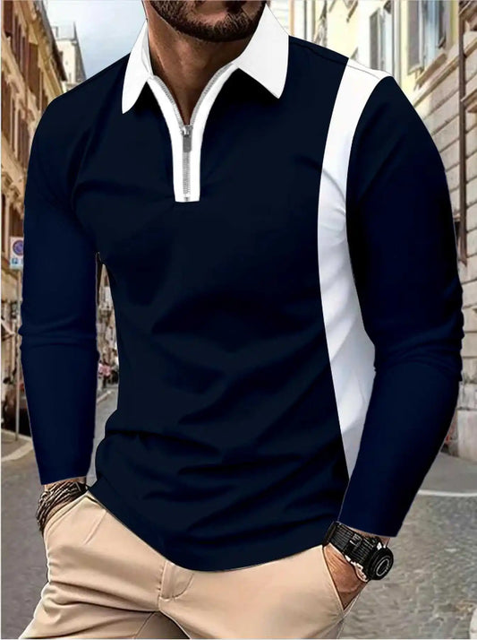 Men's long sleeve Color matching Stylish zipper with men's lapel long sleeve