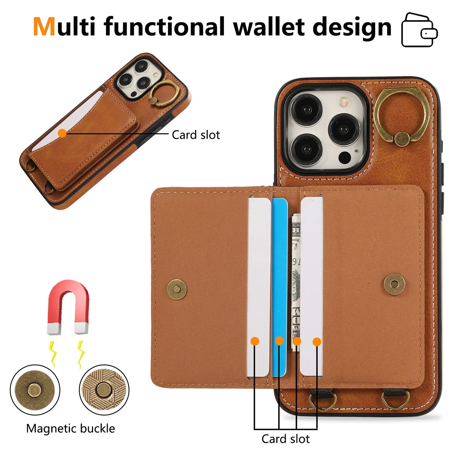 Cards Bag Ring Holder Leather Wallet Case For iPhone 15 Pro Max 14 Plus 13 12 11 XS XR 7 8 SE 2022 Stand Strap Solt Purse Cover