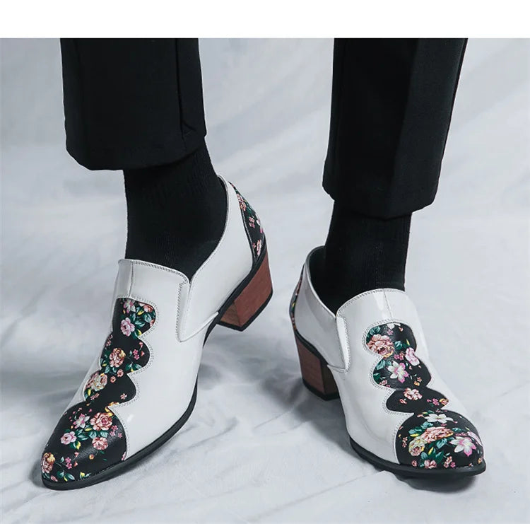 Classic Fashion Printed Men's High Heel Shoe Big Size 46 Pointed Leather Shoes Men Slip-on Wedding Shoes for Men zapatos hombre