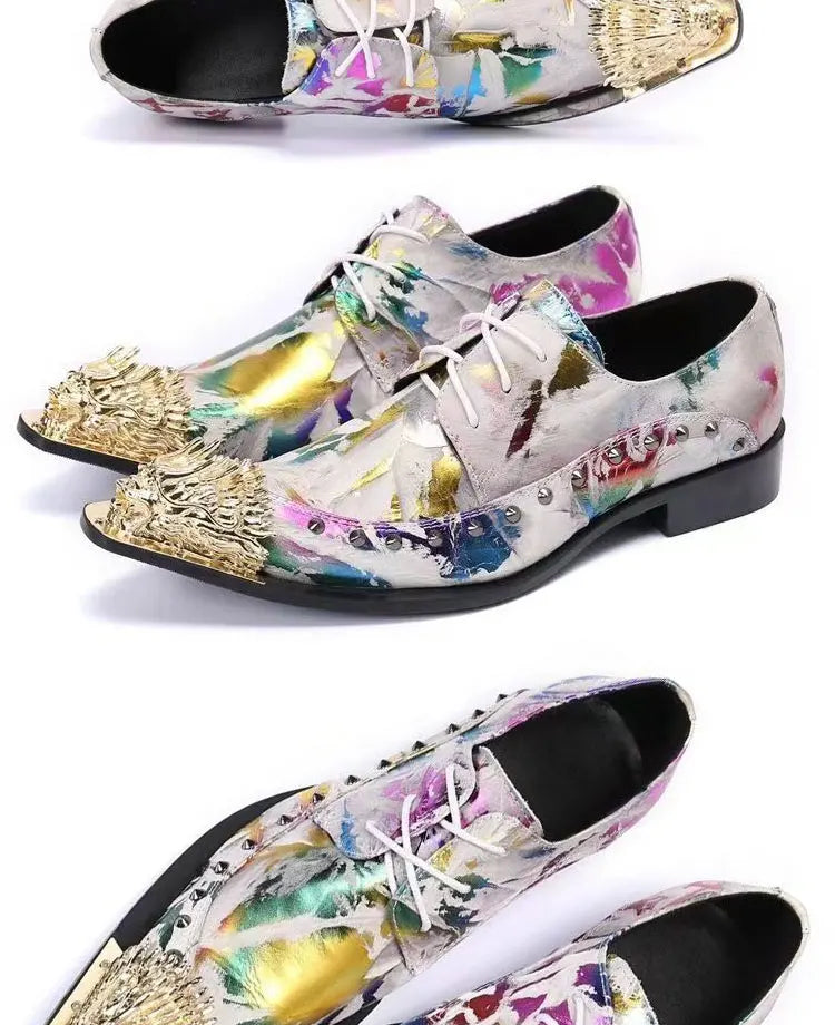 Spring Autumn Pointed end Gold ornaments Shoes and Hats Stamp Cowhide Shoes Rivet Marry Walk Show Nightclub Men's Shoes