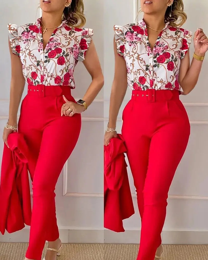 Women Slim Two-Piece Sets Summer Elegant Fashion Print V Neck Button Flying Sleeve Shirt Top & Solid Long Pants Suits With Belt