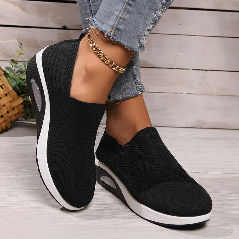 Women's Mesh Breathable Casual Sneakers Knitting Slip On Platform Sports Shoes for Women Comfortable Air Cushion Walking Shoes