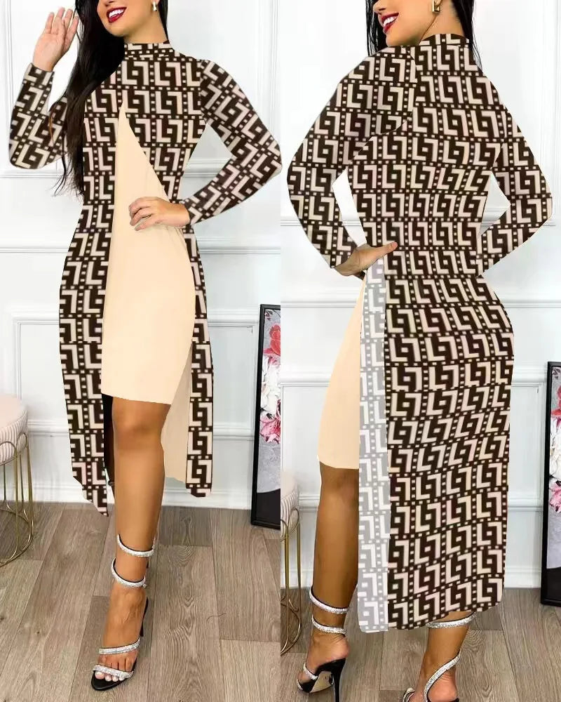 Autumn Winter Women Print 2 Piece Set Dress Fashion Elegant Long Sleeve Female Party Dresses Casual Holiday Robe Femme New