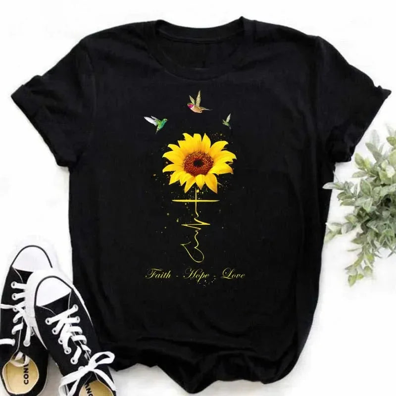 COTTON 100% Casual Cute Sunflower Butterfly Print T-shirt Comfortable Women's Black Top Oversized T Shirt  Graphic Tshirts