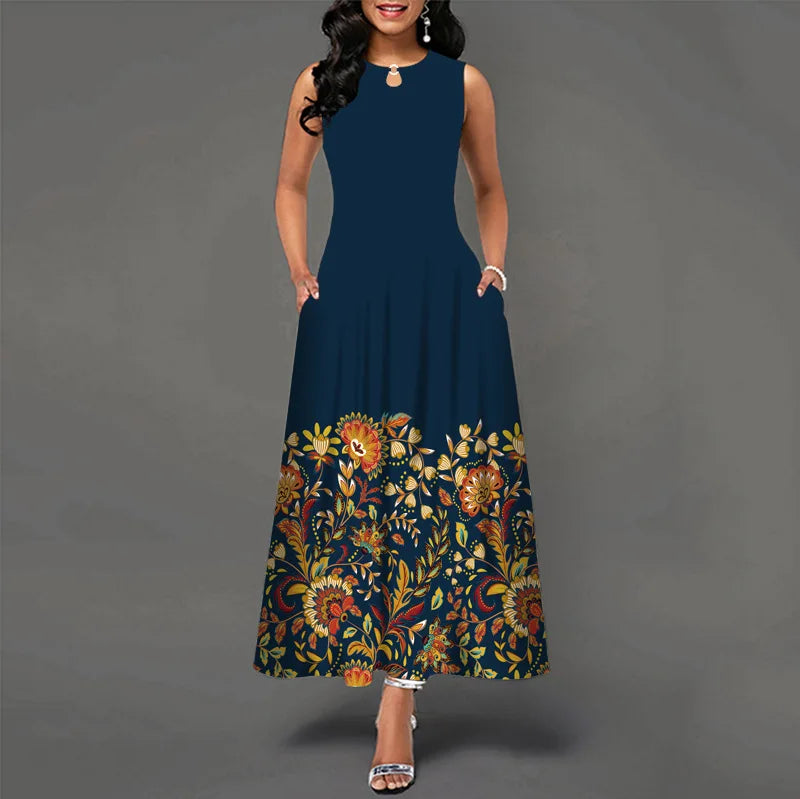 Flower Print New Casual Sleeveless Long Dress Women's V-Neck Printed Dress Swing Bohemian Retro Dresses