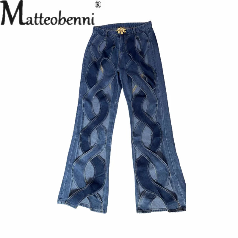 Fashion Hollow Out Curved Stripe Splice Jeans Women Flower Shaped Metal Buttons High Waist Straight Denim Pants Female Trousers