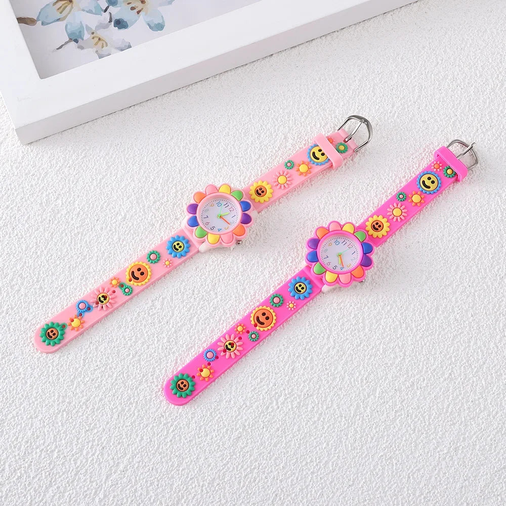 New Colorful Flower Cartoon Watches for Kids Cute Sweet Pink Silicone Strap Quartz Children Wristwatch Girls Watch Gifts