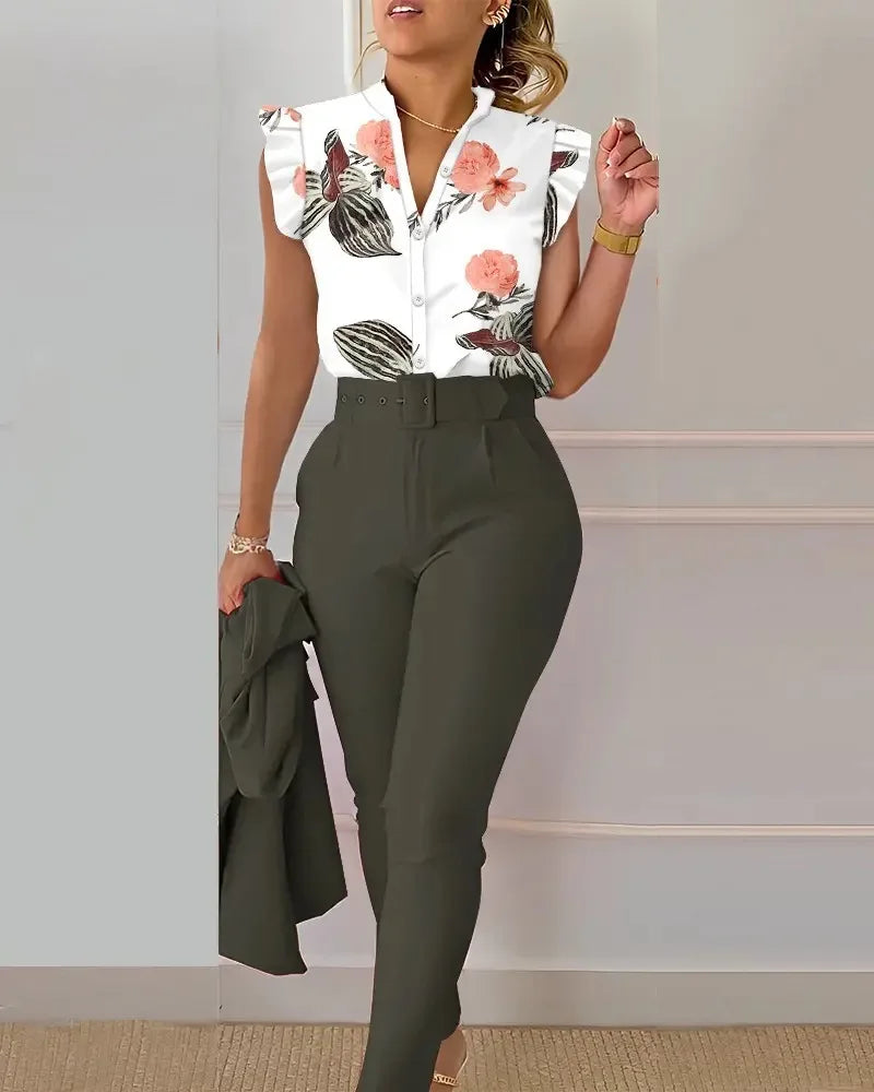 Women Slim Two-Piece Sets Summer Elegant Fashion Print V Neck Button Flying Sleeve Shirt Top & Solid Long Pants Suits With Belt