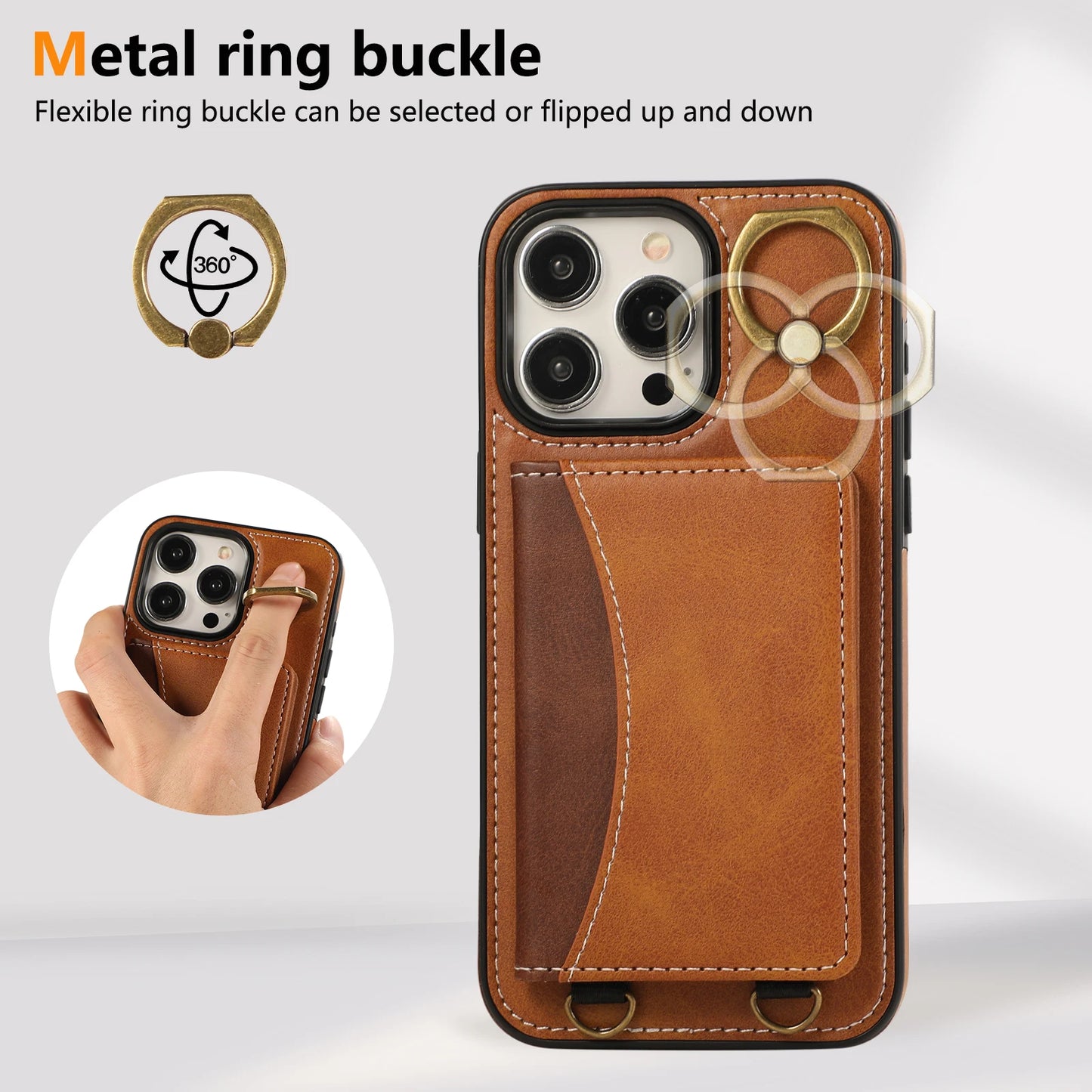 Cards Bag Ring Holder Leather Wallet Case For iPhone 15 Pro Max 14 Plus 13 12 11 XS XR 7 8 SE 2022 Stand Strap Solt Purse Cover