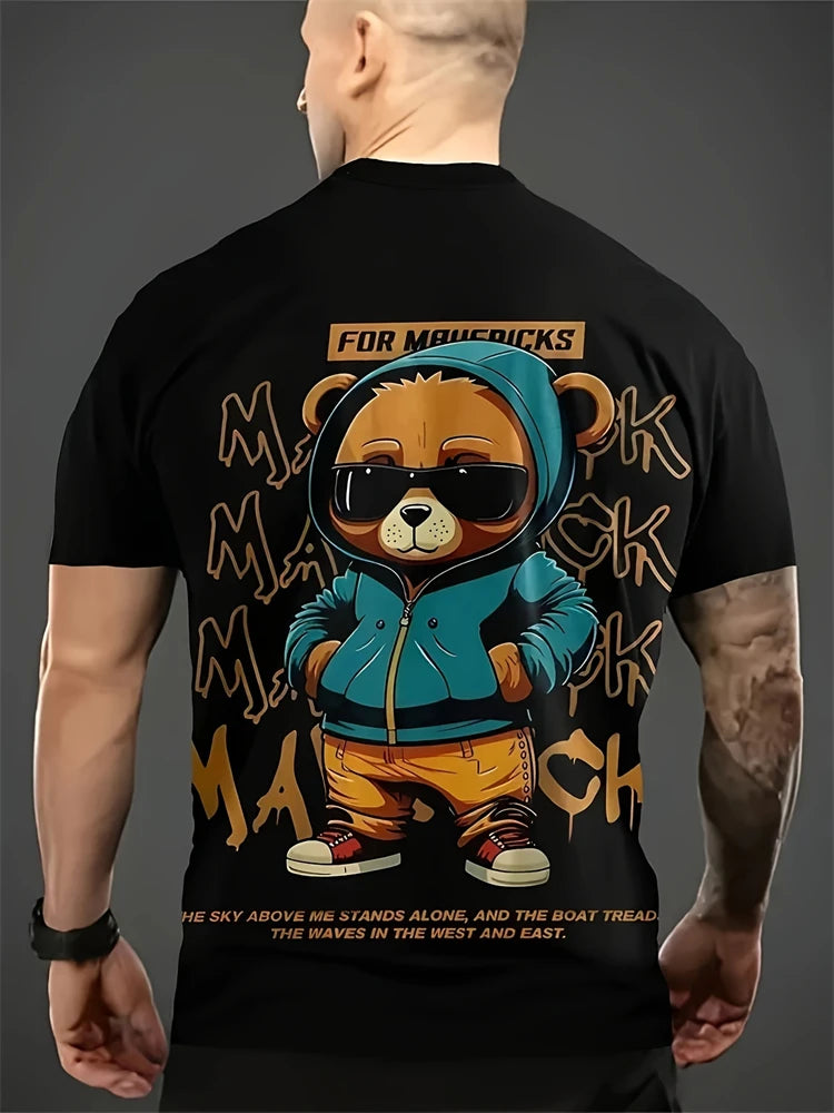 Hip-hop Style Cartoon Bear Print Men's T-shirt Summer Casual Everyday Top Urban Street Fashion Men's Oversized Short Sleeve Tees