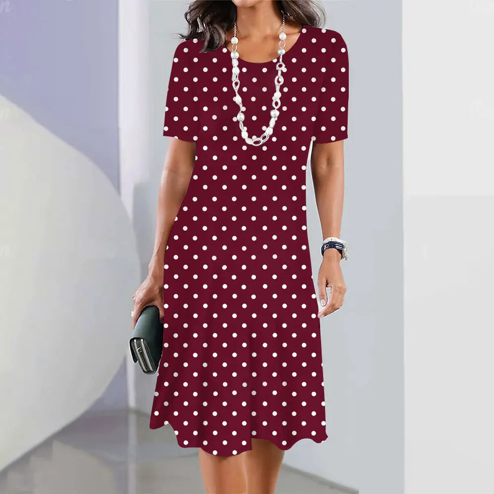 Polka Dot Print Women'S Dress 2024 Elegant Women'S Summer Fashion Stitch O Neck Loose Holiday Women'S Sexy Knee-Length Dress