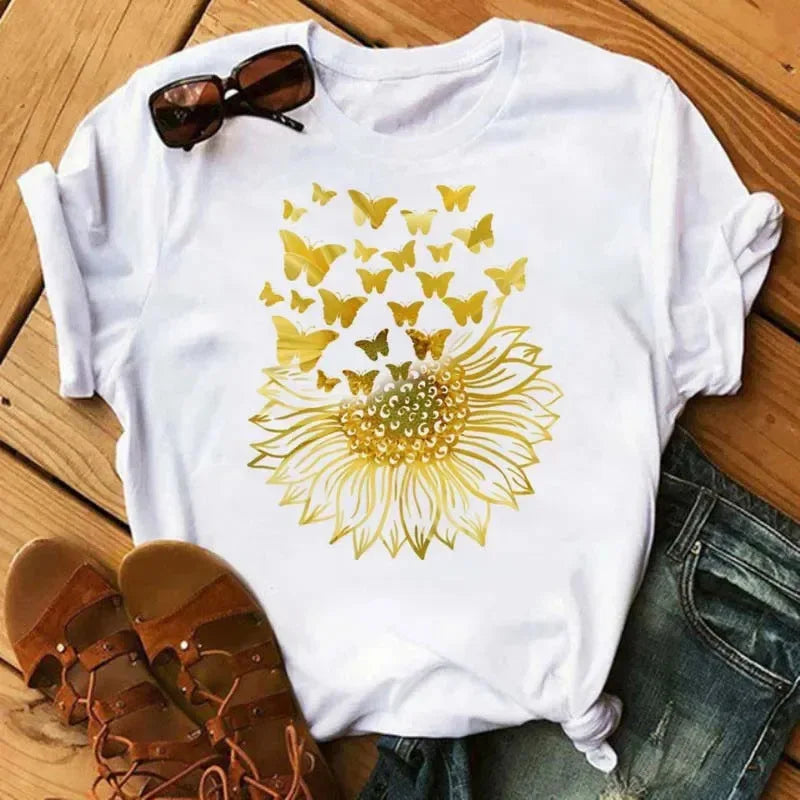 COTTON 100% Casual Cute Sunflower Butterfly Print T-shirt Comfortable Women's Black Top Oversized T Shirt  Graphic Tshirts