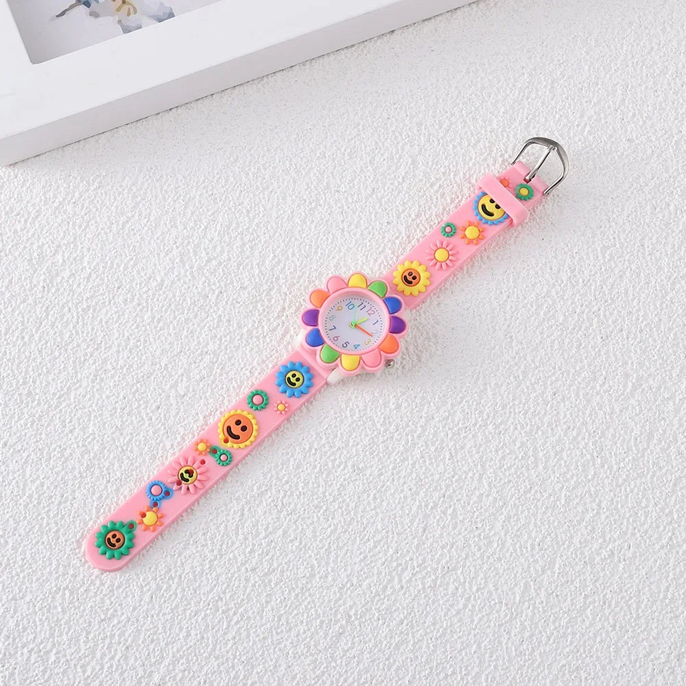 New Colorful Flower Cartoon Watches for Kids Cute Sweet Pink Silicone Strap Quartz Children Wristwatch Girls Watch Gifts