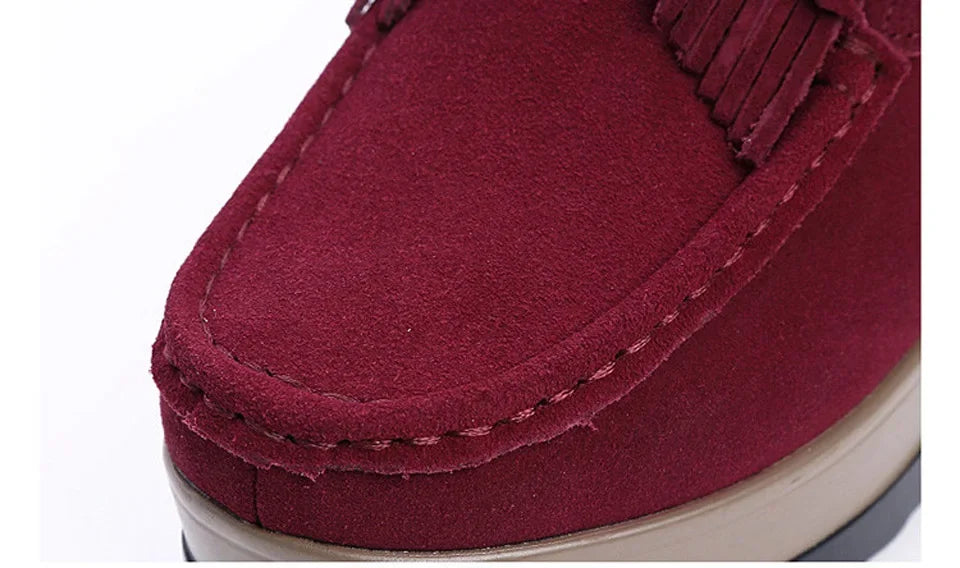 luxury 2024 Spring Autumn Women Suede Genuine Leather Wedge Shoes Lady Female Loafers Sweet Tassel Slip-ons Platform Moccasins