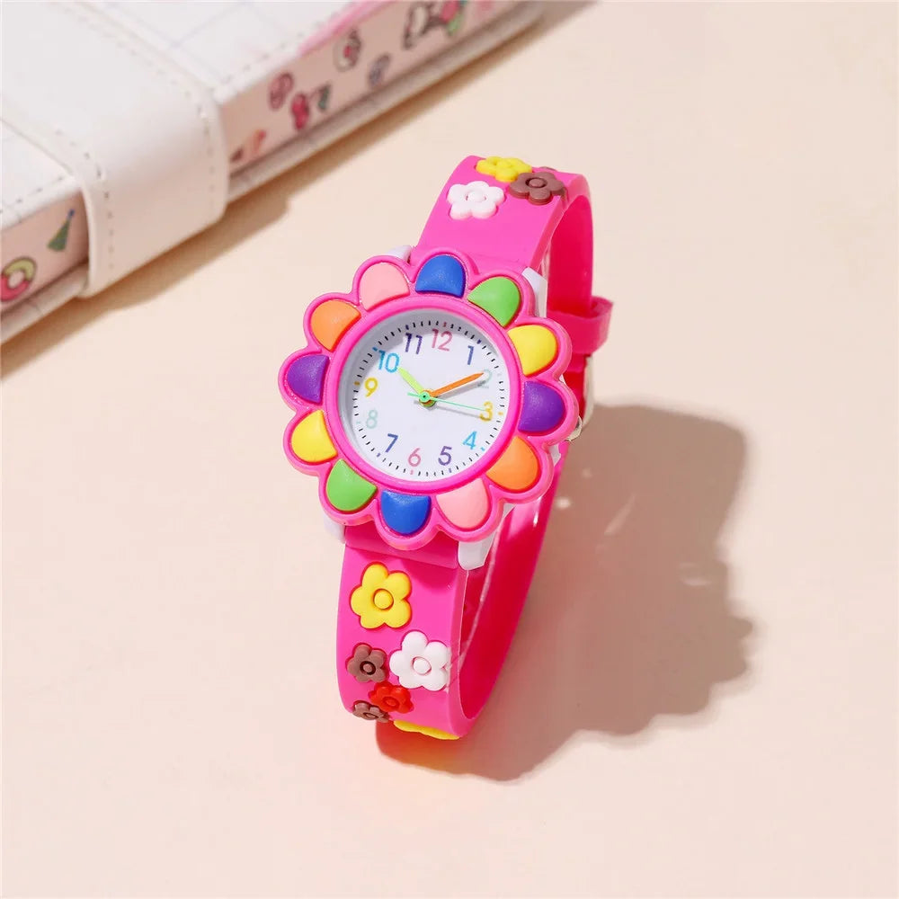 New Colorful Flower Cartoon Watches for Kids Cute Sweet Pink Silicone Strap Quartz Children Wristwatch Girls Watch Gifts