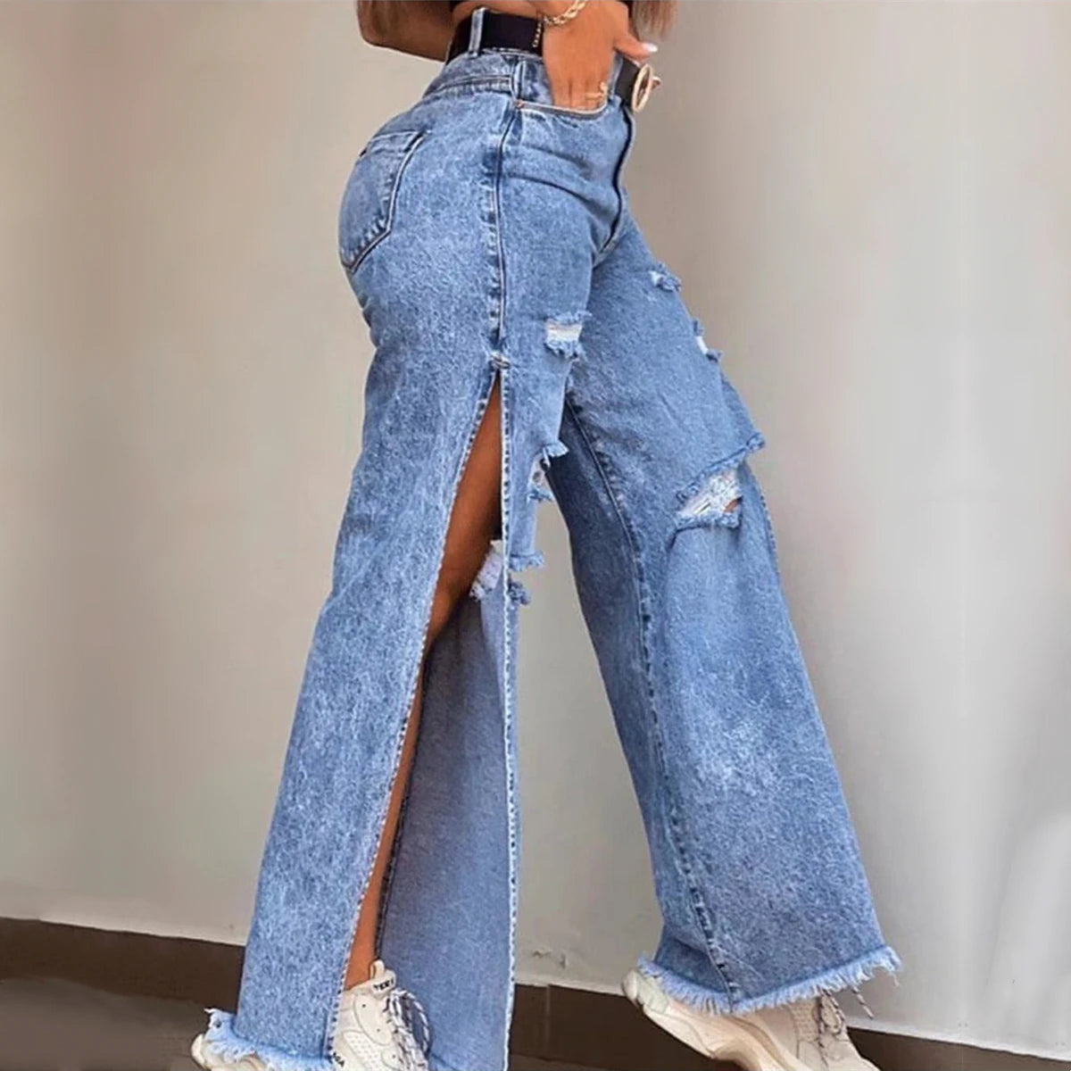 2024 Summer New Jeans Women's European and American Spicy Girl Jeans Loose Hole Sexy Split Wide Leg Pants Shopee Women's Pants